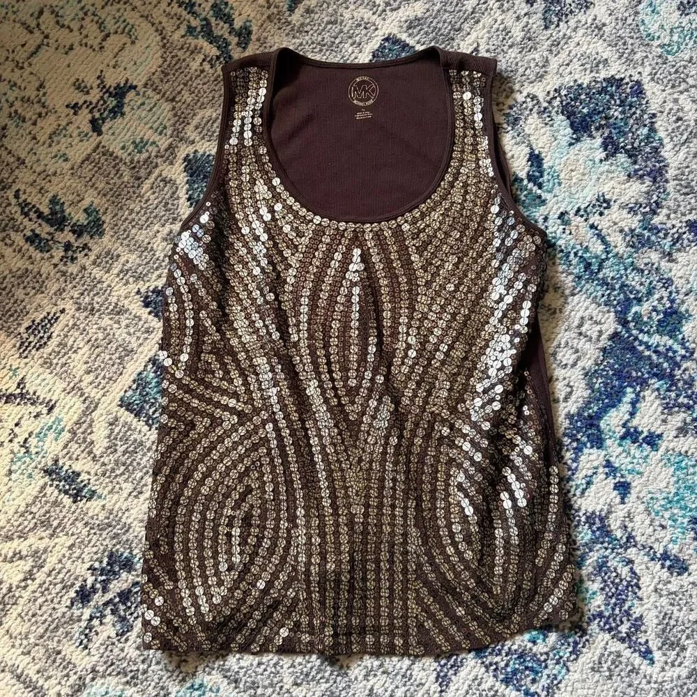Michael Kors Brown Sequin Tank Top Sleeveless Y2K Ribbed Back Size 1X